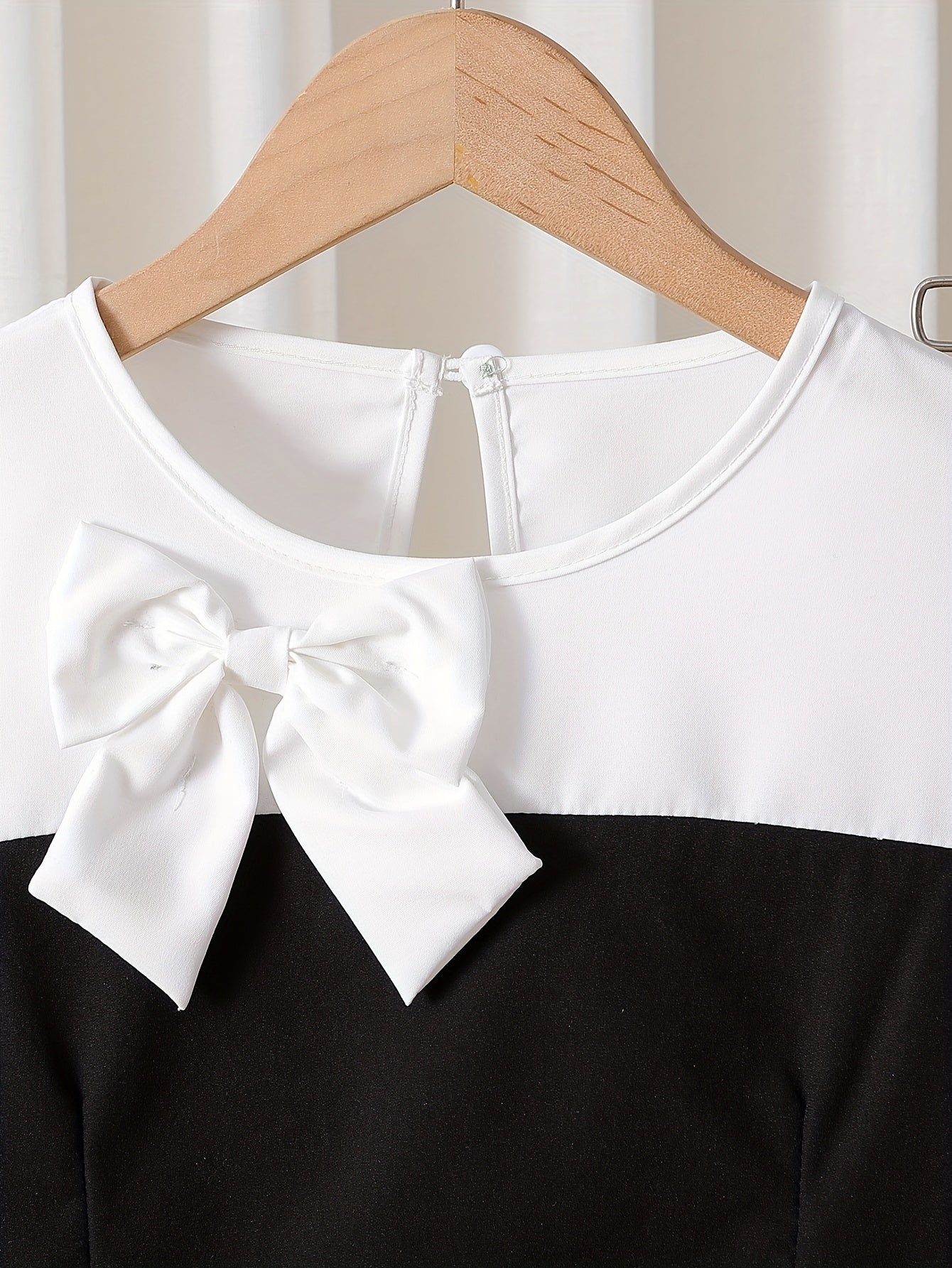 Girls' White Long-Sleeve Bow Shirt & Black Slim Flared Trousers
