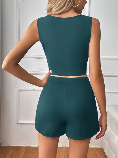 Sexy Sleeveless Top with Waist Cutout & Asymmetrical Mini Skirt