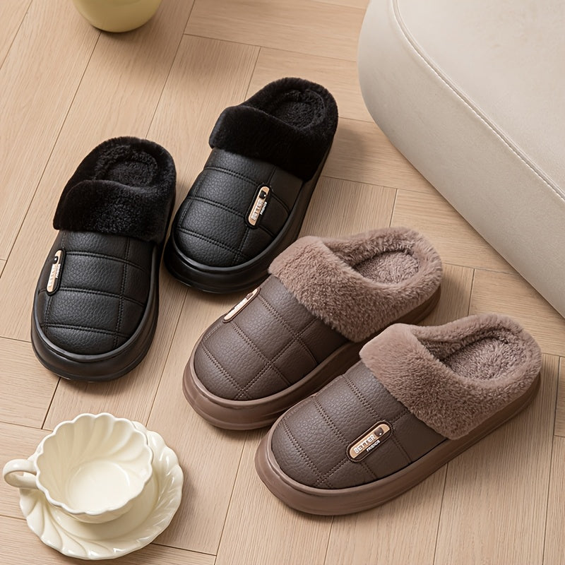 Men's Large PU Faux Leather Slippers Thick EVA Sole Warm Slip-On