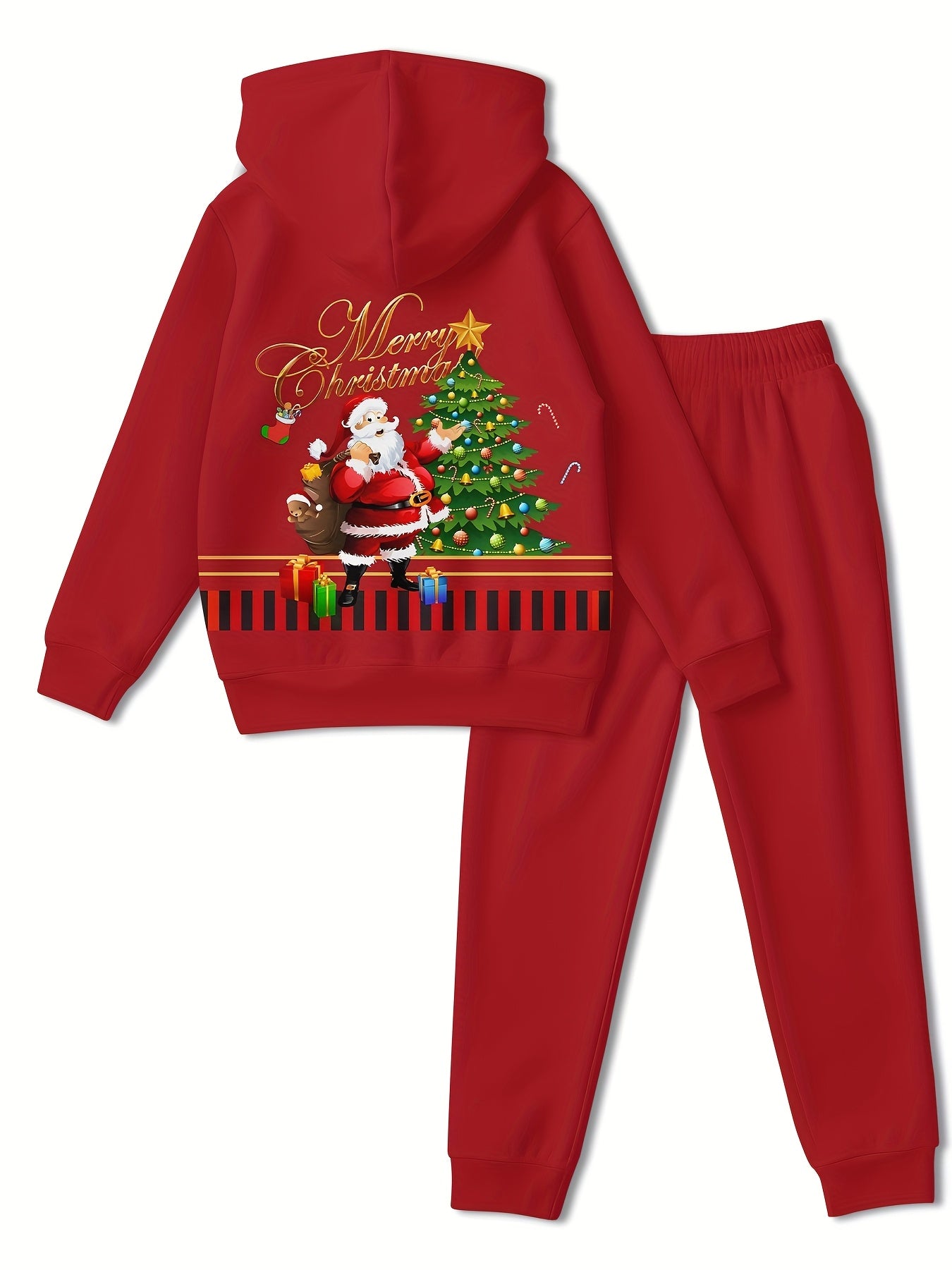 2pcs Boys' Christmas Hoodie & Sweatpants Set - Red Santa Claus & Reindeer Print, 3D Christmas Gift Design, Long Sleeve Pullover & Joggers, Casual Spring/Fall Outdoor, for Outdoor