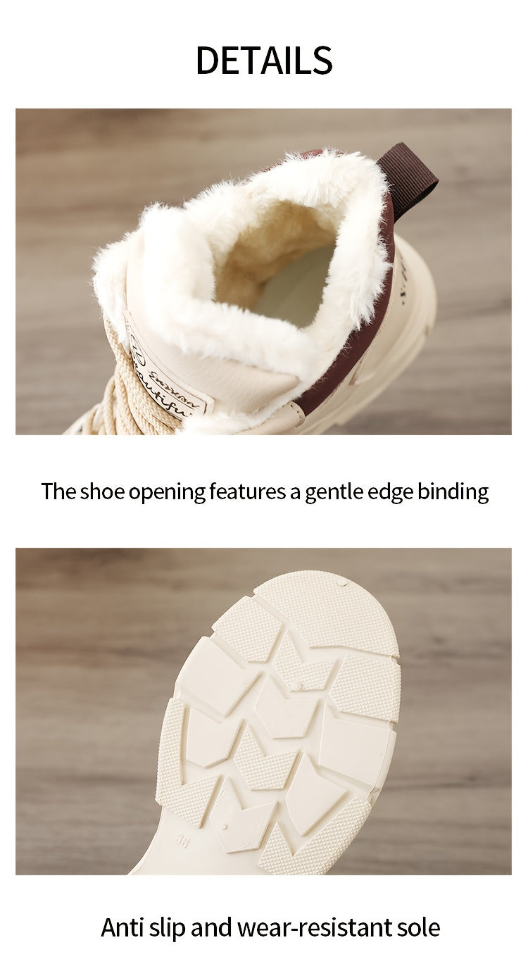 Women's Insulated Winter Boots with Plush Collar & Thick Sole - White Faux Cover Round-Toe Lace-Up Ankle Boots, Cushioned Insole & Arch Support, Warm TPU Outsole for Cold Weather, Casual to Semi-Formal Outfits