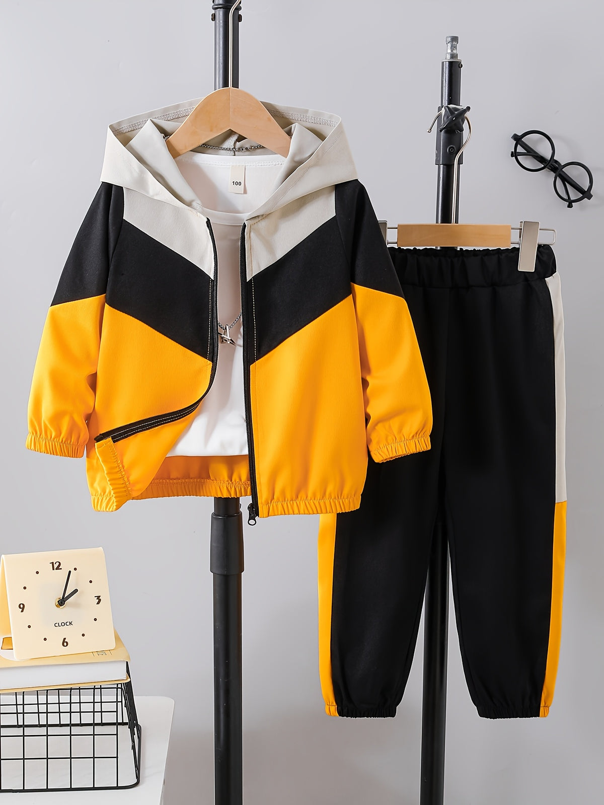 Boys' Casual Color-Block Hooded Jacket and Pants Set - ayq