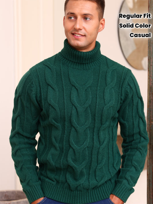 Men's Winter Knit Sweater Thickened Warm High Neck Pullover - Soft Cable Knit Design Solid Color Casual Cold Weather Sweaters for Office & Casual Attire (Regular Fit)