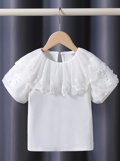 Girls' Summer Skirt Set with Lace Collar & Pleated Skirt