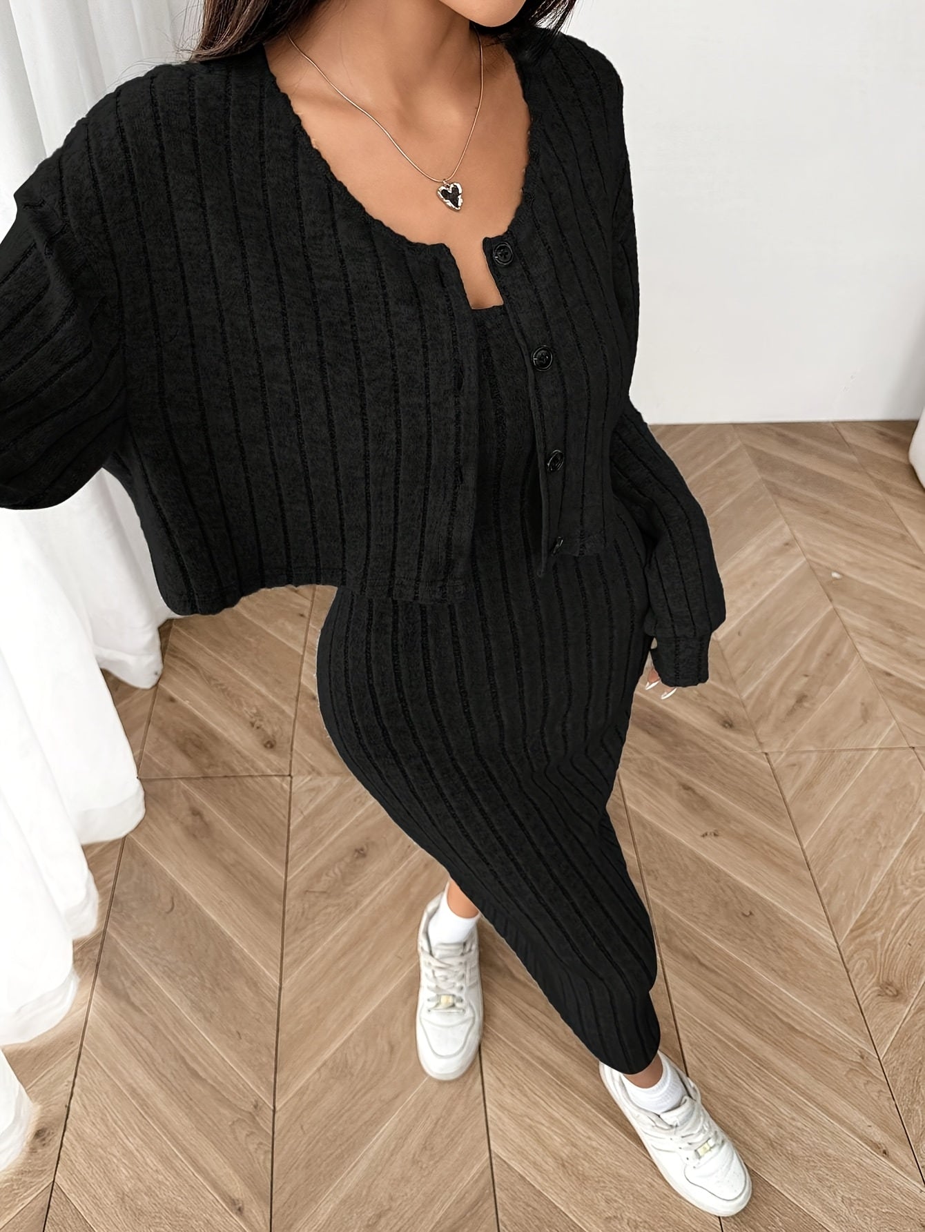 Women'S Autumn And Winter Outfit Featuring a Long-Sleeve Top with a Coat And a Camisole Dress in a Two-Piece Set.