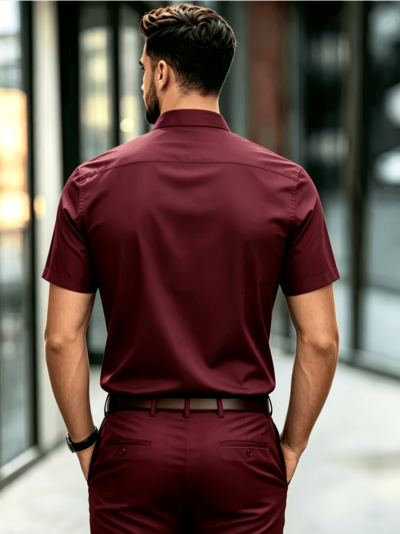 Men's Casual Navy Blue Short-Sleeve Polyester Shirt