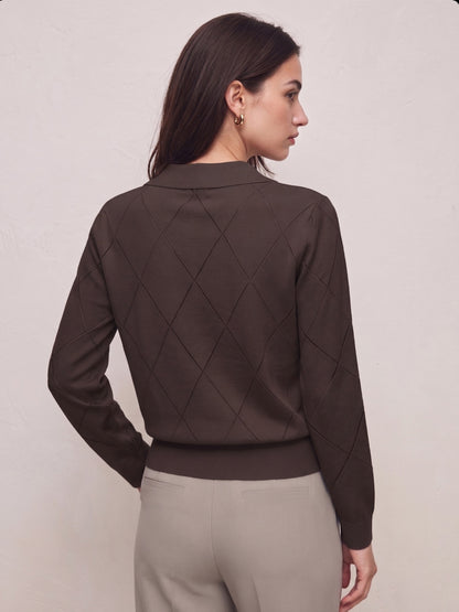 Elegant Women's Polo Neck Argyle Sweater with Loose Fit