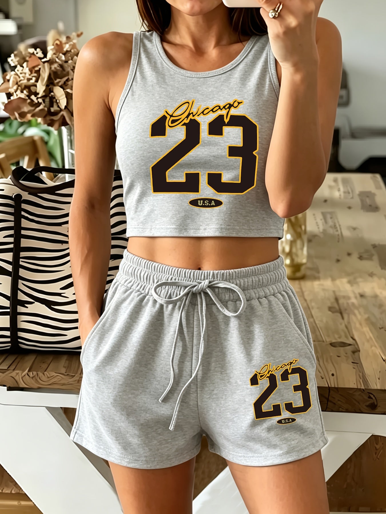 Women's Casual Printed Tank Top & Shorts Set with Pockets