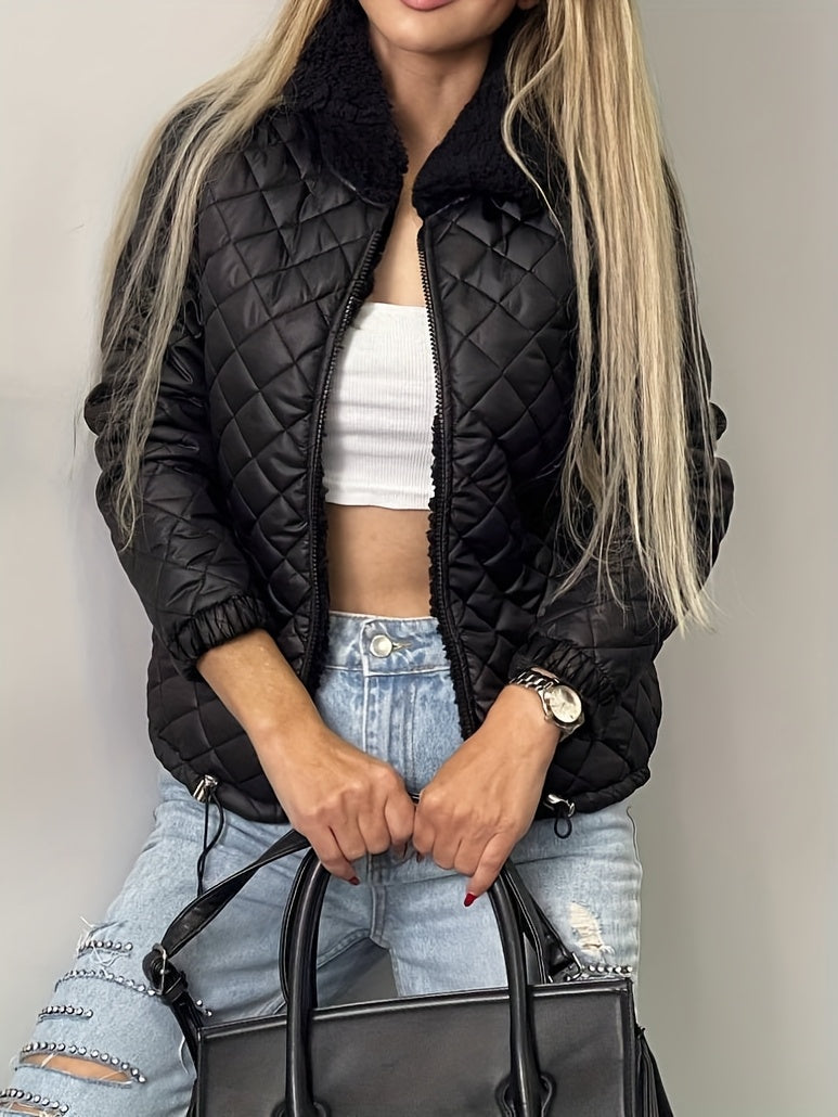 Women'S Cozy Quilted Jacket - Long Sleeve, Zip-Up, Warm Casual Outerwear with Pockets, Perfect for Fall & Winter, Casual Winter Wear | Zippered Jacket | Quilted Design