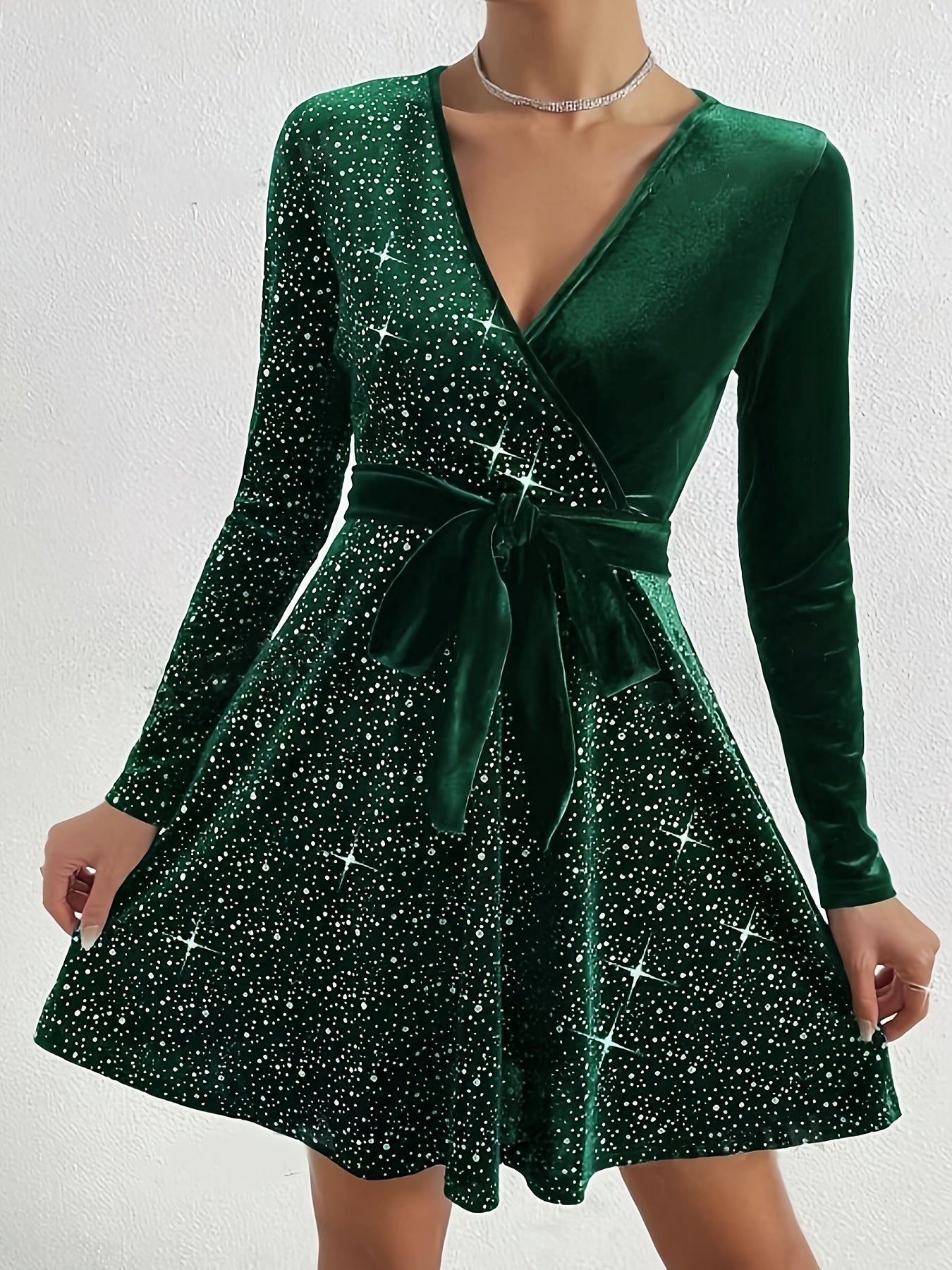 Elegant Women’s Velvet Dress with Cross Neck and Belt - Long Sleeve, Black with Sparkling Stars, Polyester Blend, Machine Washable, Perfect for Casual or Evening Wear