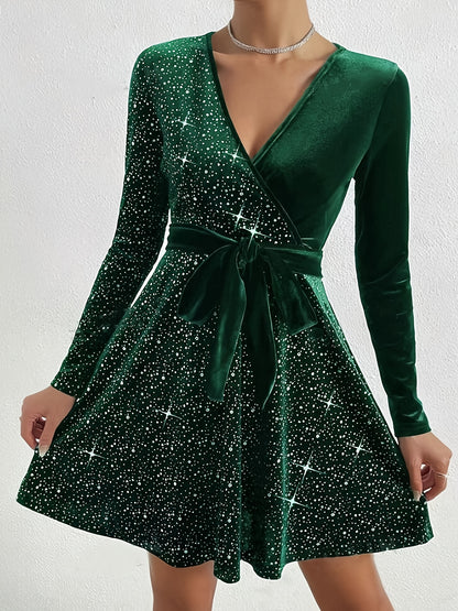 Elegant Women’s Velvet Dress with Cross Neck and Belt - Long Sleeve, Black with Sparkling Stars, Polyester Blend, Machine Washable, Perfect for Casual or Evening Wear