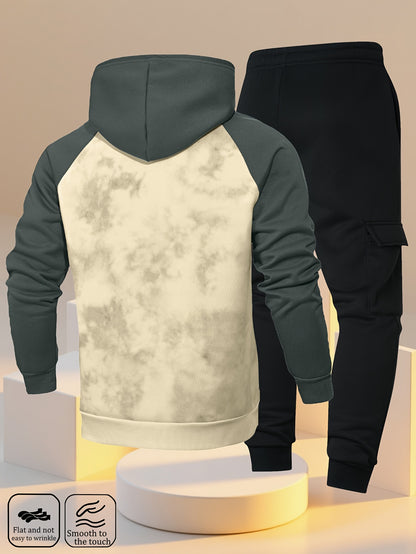 New Trendy Fashion Raglan Sleeve Colorblock Hoodie and Loose Cuffed Drawstring Cargo Pants with Multiple Pockets, Casual Daily Comfortable Versatile Breathable Hooded Sweatshirt and Loose Long Pants 2pcs Set with Stylish Prin