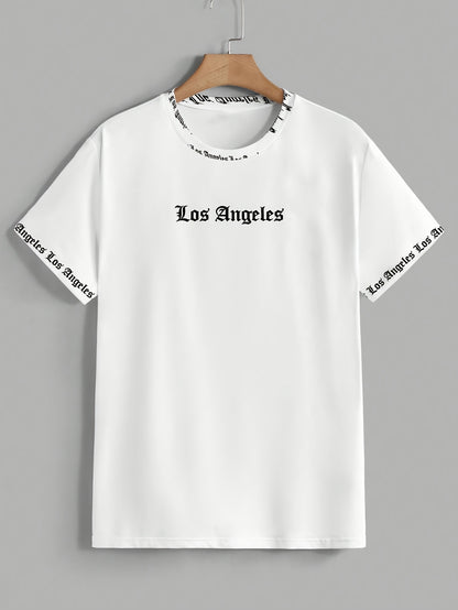 OBM Men's Casual Los Angeles Graphic Print T-Shirt - 100% Polyester Summer Short Sleeve Tee, Breathable Round Neck Regular Fit Machine Washable, Everyday Comfort, Bold Text Style, Smooth Texture
