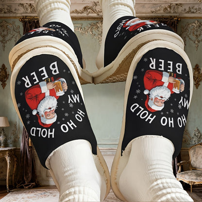 Funny Santa Claus Holding Beer Slippers - Soft Plush Slip-On Indoor House Shoes with Santa & Beer Design, Cozy Winter Footwear for Men & Women, Holiday Party Gift Idea (Hand Washable), Christmas Home Decor