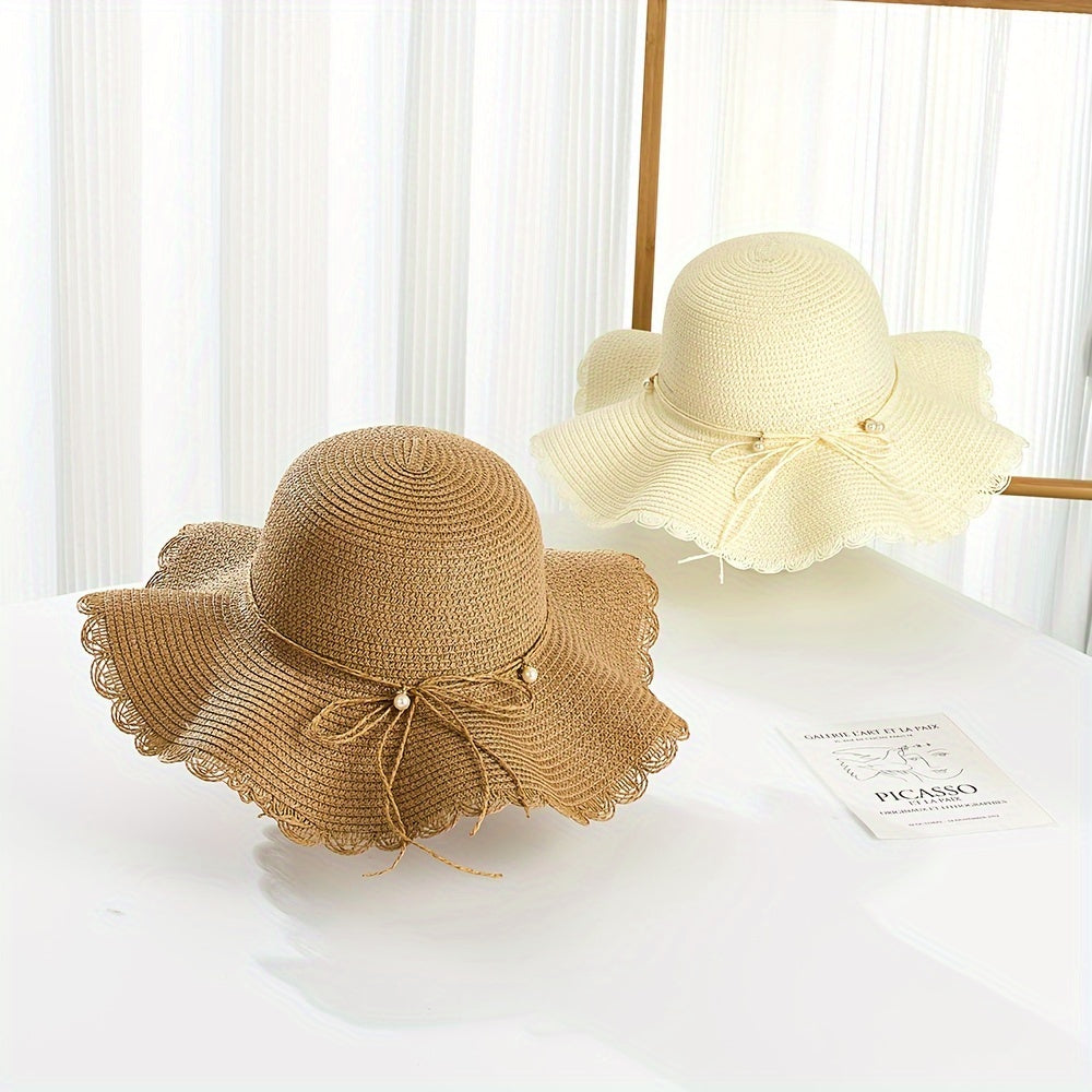Women's Wide Brim Straw Sun Hat with Accents & Adjustable Ribbon - Protection Lace Trim Beach Wedding Casual Outdoor Hat for All Seasons
