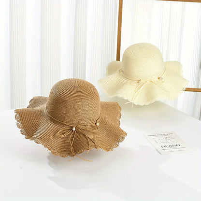 Women's Wide Brim Straw Sun Hat with Accents & Adjustable Ribbon - Protection Lace Trim Beach Wedding Casual Outdoor Hat for All Seasons