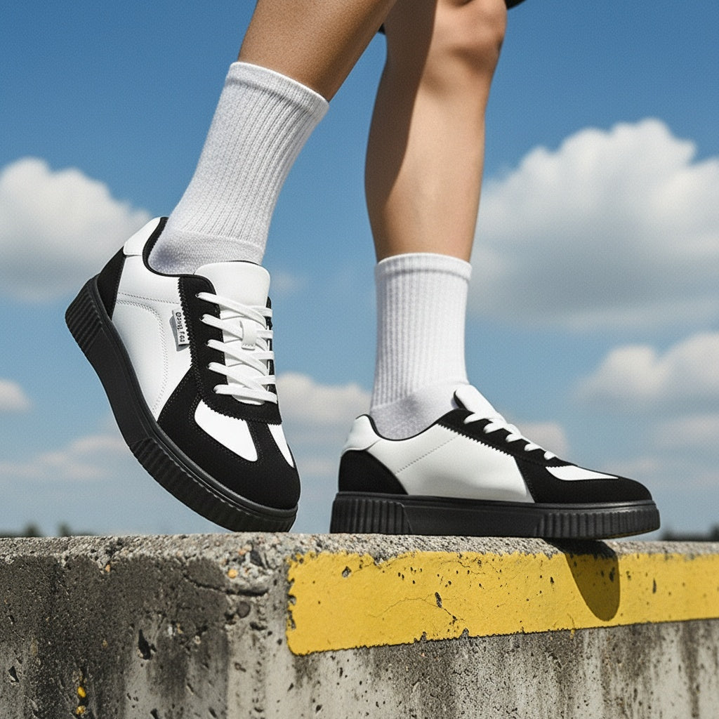 Unisex Black and White Casual Lace-Up Sneakers for Spring/Fall
