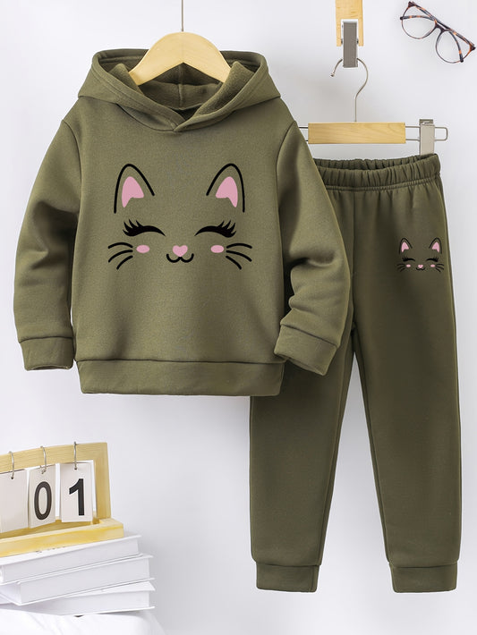 Autumn/Winter Smile Face Kitten Graphic Print Warm Fleece Hooded Sweatshirt And Sports Trousers for Girls, for Outdoor