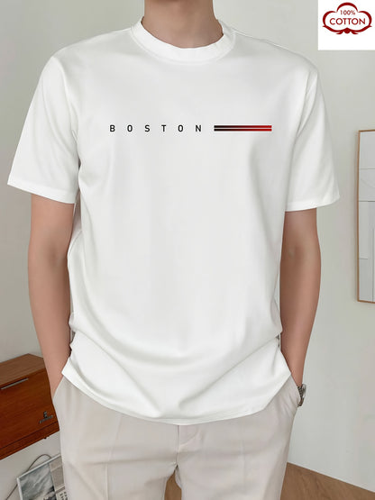 Men's Heavyweight 180gsm Cotton T-Shirt - Dark Gray Crew Neck Tee with Bold "Boston" Print, All-Season Everyday  Formal Shirt for Men - Machine Washable Luxury Casual Top, Versatile Clothing, Modern Design, Premium Fabric, S