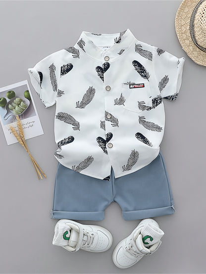 Infant Toddler Summer Feather Print Shirt and Shorts Set