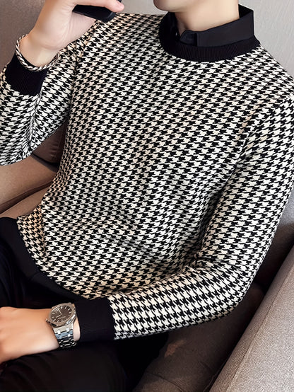 New Men'S Houndstooth Color-Blocked Sweater, Casual Pullover with Round Neck And Long Sleeves, Knit