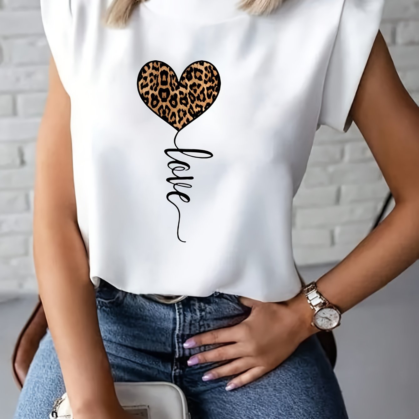 Women's Fashionable White T-Shirt with Leopard Print Heart and "LOVE" Cursive - Short Sleeve, Polyester Blend, Machine Washable
