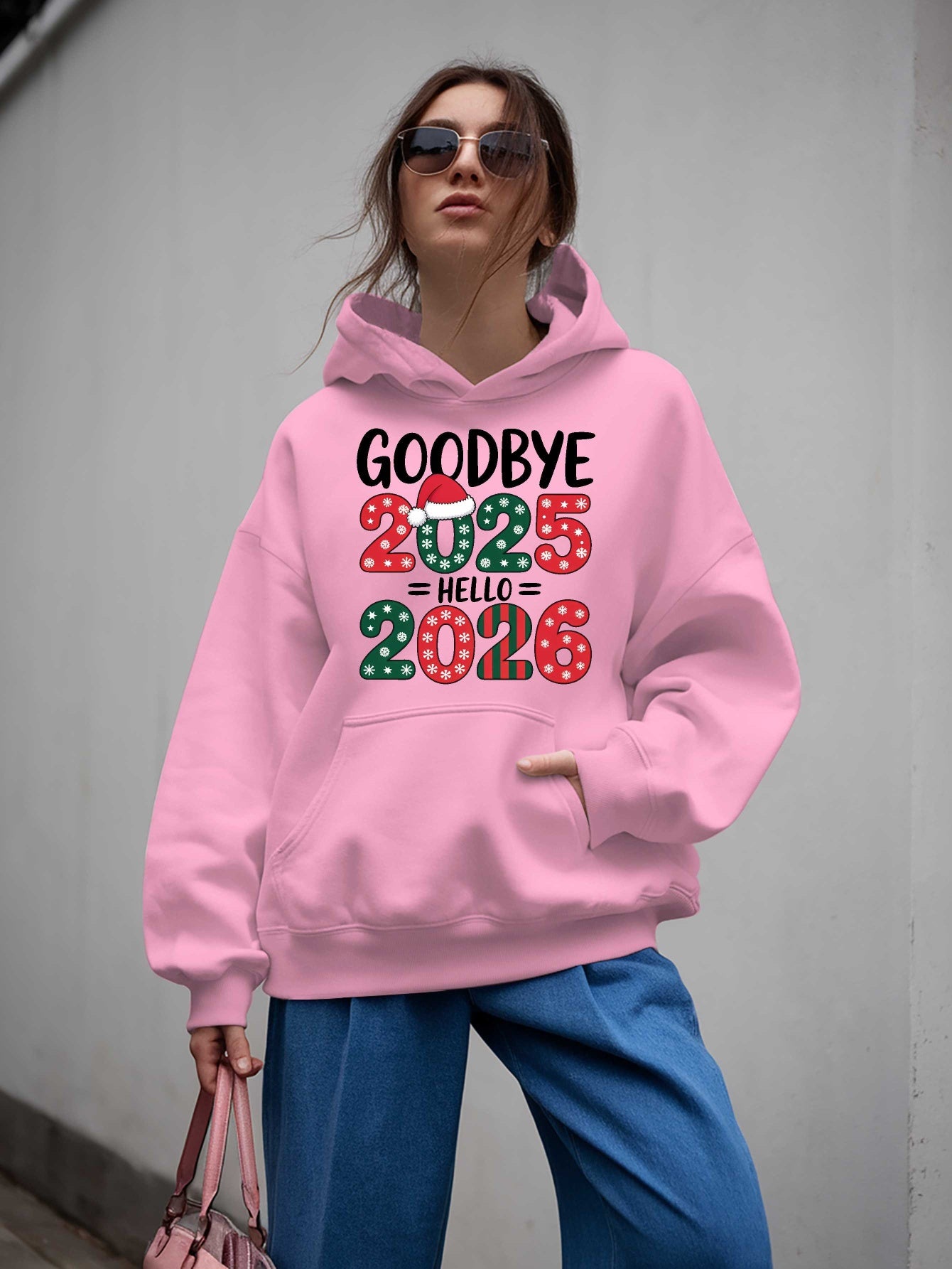 Women'S Hoodie - Goodbye 2025 Hello 2026 Sweatshirt with Christmas Countdown Design, Beige Pullover Hoodie, Front Pocket for Fall/Winter, Cozy Long Sleeve Sweater for New Year'S Eve & Everyday Winter Outfits - Perfect Gift fo