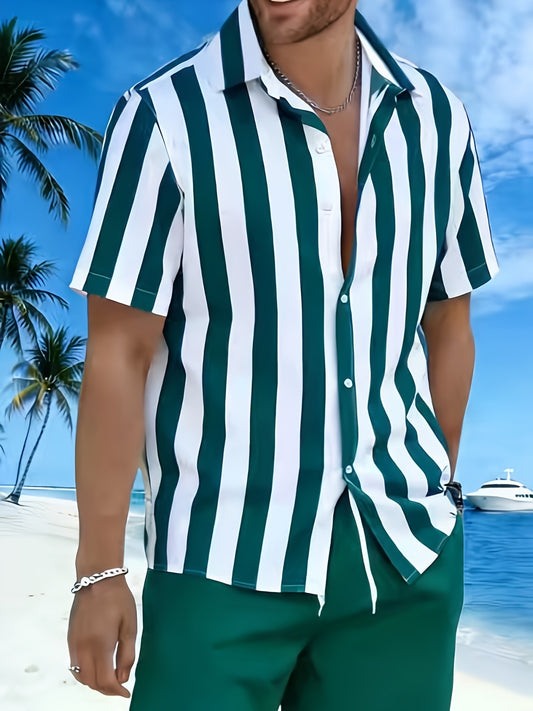 Men's Summer Striped Short Sleeve Shirt and Shorts Set