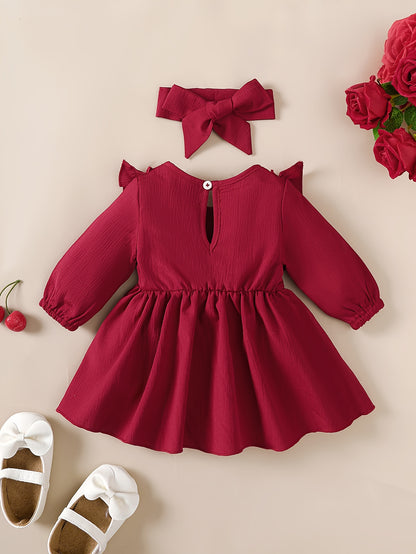 1-18 Months Girls' Red Dress | Christmas New Year Festival Party Wear with Headband, Princess Style, Autumn-Winter Collection, Crew Neck, Long Sleeve, Knee High, Flared Hem