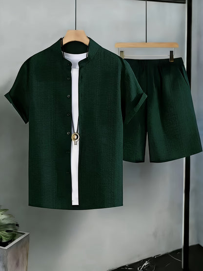 Men's Casual Summer 2-Piece Set: Stand Collar Shirt & Shorts