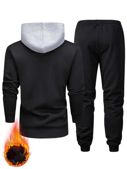 95% Polyester, 5% Spandex 2pcs Men's Set, -Lined Warm Casual Color-Block Zip-Up Sweatshirt with Pockets + Drawstring Pocket Elastic Waist Jogger Pants, 250g Men's Casual Sportswear Set, Global Four-Season Base Layer, Factory-