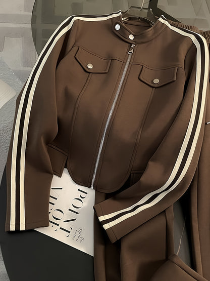 2026 Spring And Autumn Stylish And Chic Melard High-End Casual Outfit, Women'S Trendy Cool Striped Work-Style Zip-Up Jacket with Drawstring Elastic Waist, Street-Style Two-Piece Set, Versatile Commuting Outfit, Women'S Pants