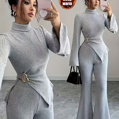 Women'S Autumn-Winter Fleece-Lined High Neck Asymmetrical Hem Long Sleeve Pants Suit | Elegant Solid Color Design.