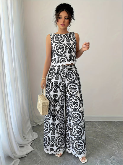 2pcs Women's Plant Pattern Round Neck Sleeveless Top and Pants Set