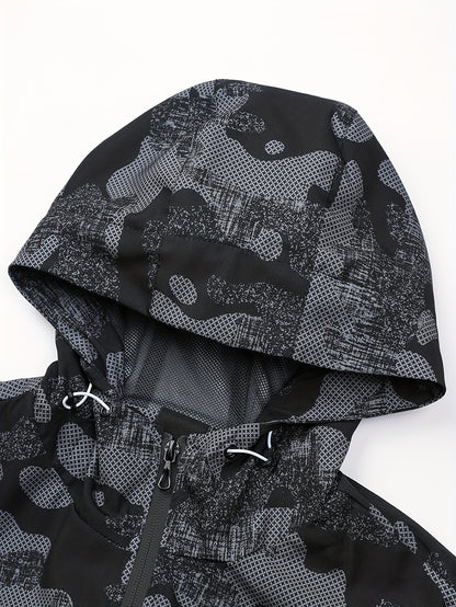 Men'S Lightweight Climbing Hooded Jacket - Quick-Dry Windproof Outdoor Sports Coat with Camouflage Pattern, Spring/Fall Casual & Training Wear, Regular Fit for Hiking, Running, Gym, Hiking Apparel, Durable Fabric