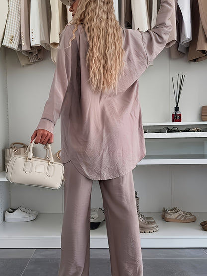 Women's Loose Shirt & Wide-Leg Pants Set - Elegant Polyester