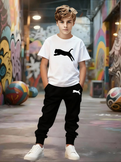 Boys' Casual Short Sleeve & Pants Set with Geometric Pattern