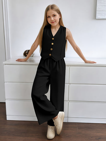 Girls' Summer Casual Set: Vest and Wide-Leg Pants Outfit