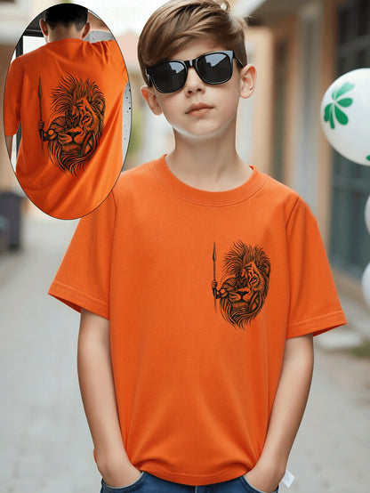Boys' Cotton T-Shirt with Lion Warrior Print - Casual Summer Top