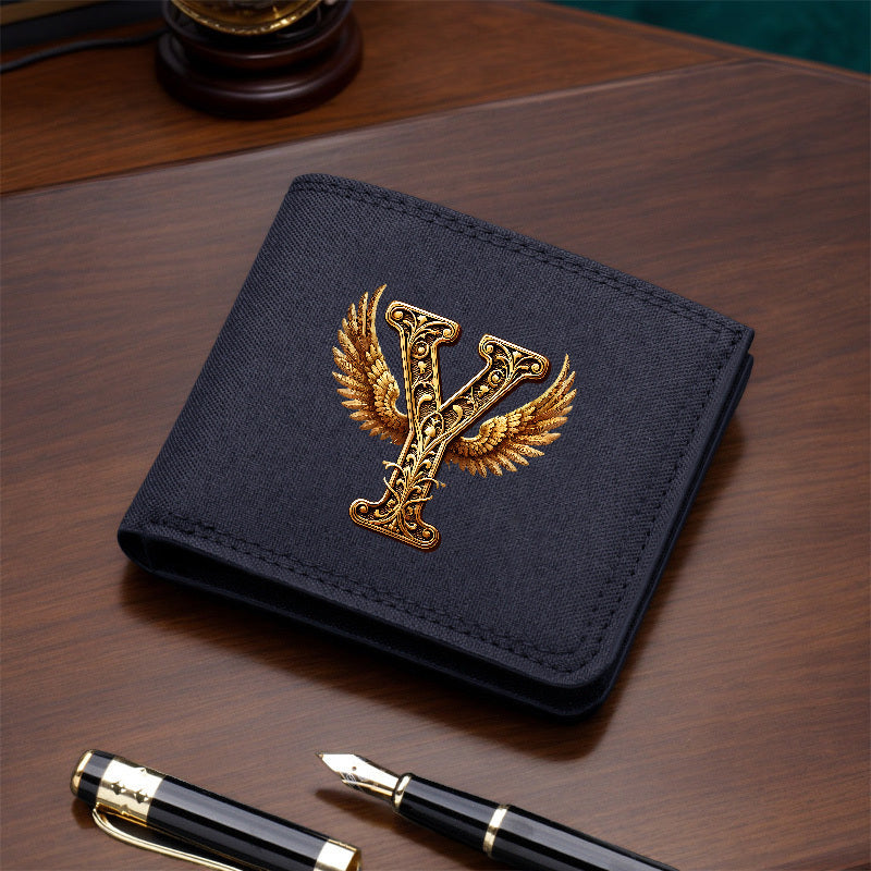 1pc Men's Short Canvas Initial Name Wallet, Zippered Denim Wallet for Men, Plain Ultra-Thin Letter Wallet for Men