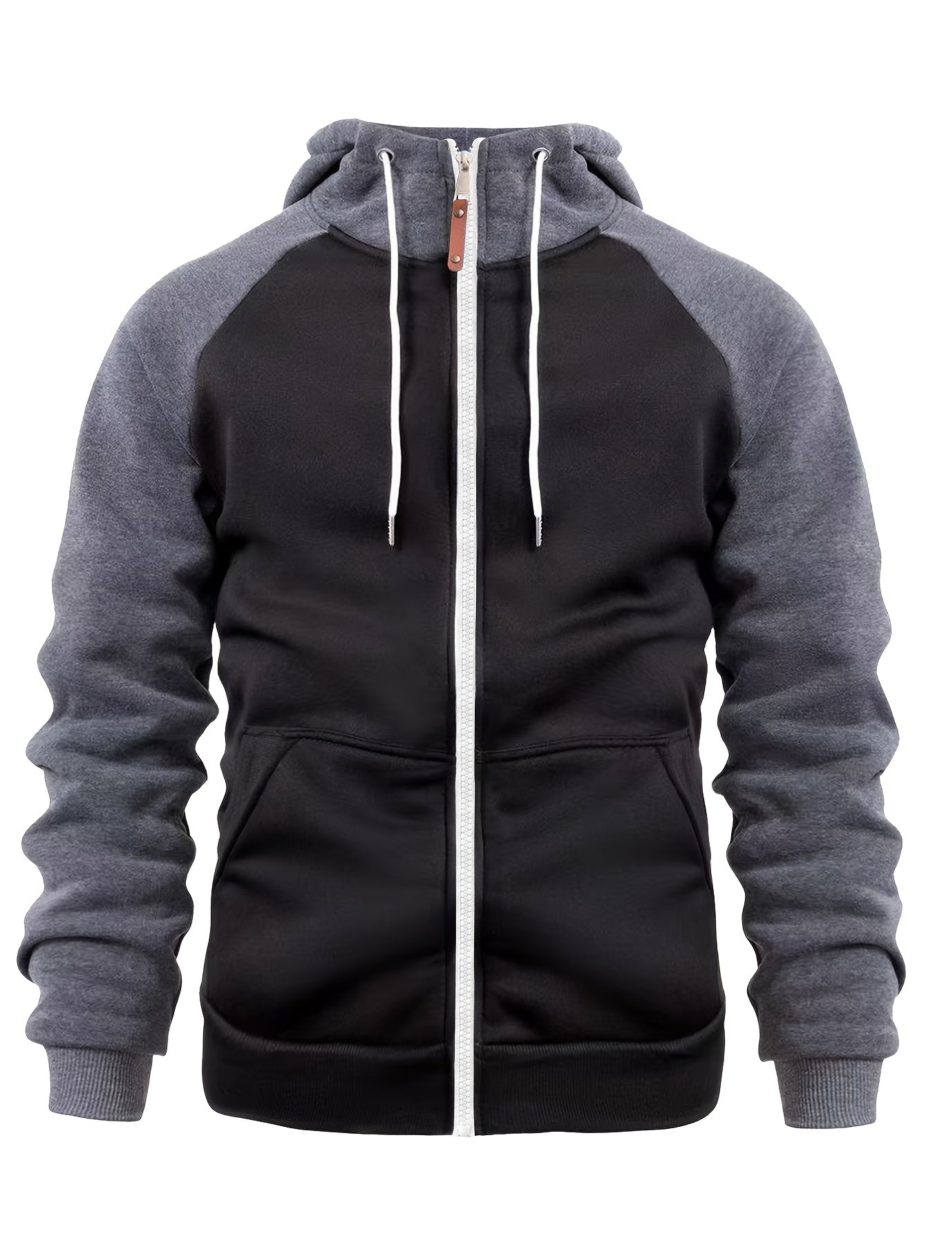 Men'S Stylish Color Block Hoodie - Casual Zip-Up Hooded Sweatshirt with Front Pockets, Long Sleeves, and Ribbed Cuffs - Maroon & Black Design, Comfortable for Fall and Winter Wear