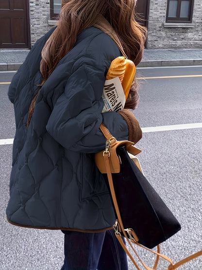 Women's Navy Blue Quilted Jacket with Faux Fur Trim - Elegant Long Sleeve Outerwear, Polyester, Button-Up Front, Warm & Stylish for Winter