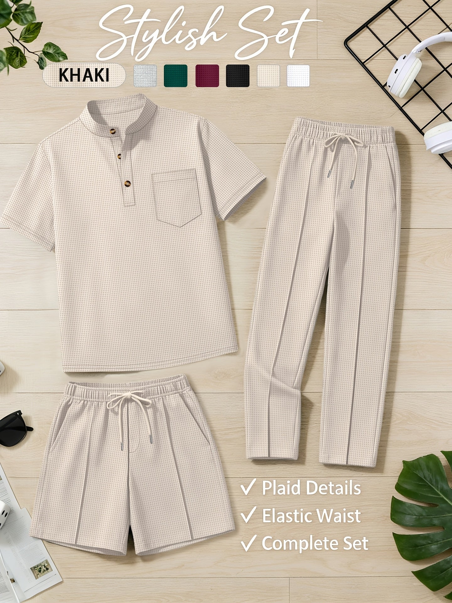 Men's Casual Stand Collar Shirt & Elastic Waist Shorts Set