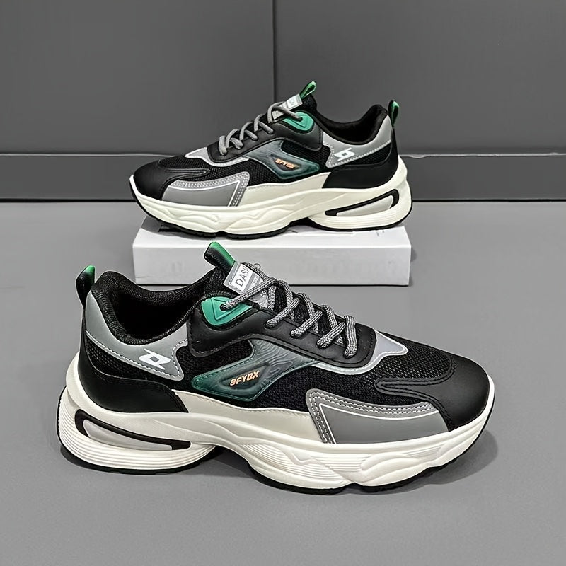 Men'S Casual Sports Shoes - Thick-Soled Lace-Up Sneakers with Synthetic Upper, Cushioned EVA Insole  PVC Sole for Outdoor Hiking, Running, Gym - All-Season Comfort in Beige/Black, Brown/White, Green/White, Versatile Trainers