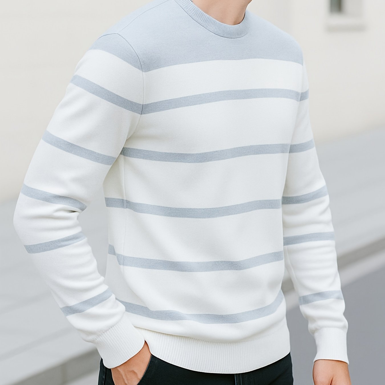 Men'S All-Season Knit Sweater - Soft Stretchy Pullover with Black & Grey Horizontal Stripes, Anti-Pilling Fabric for Everyday & Formal Wear - Year-Round Layering Essential for Office, Casual Outfits, Sweater, Office Attire, C