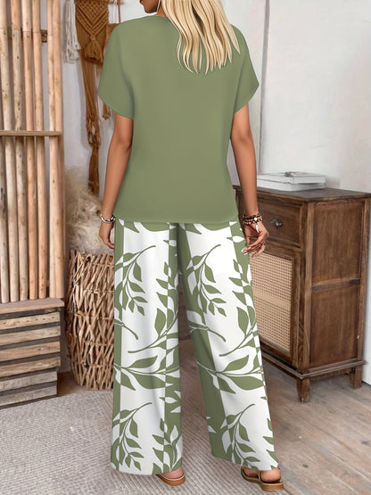 Women's Elegant 2-Piece Set: Bat Sleeve Tee & Wide-Leg Pants