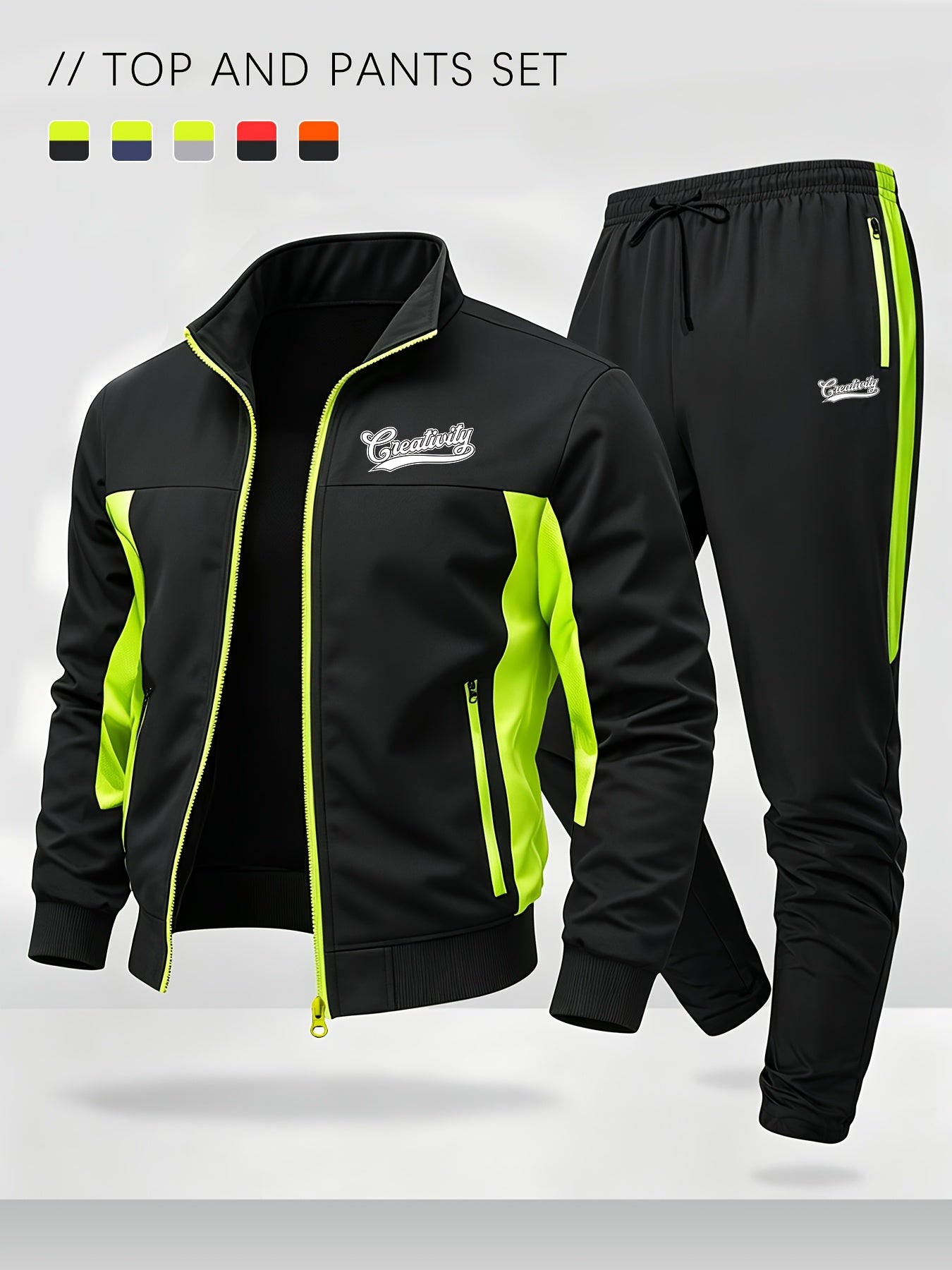 Men's Color Block Sportswear Set with Stand Collar Jacket & Pants