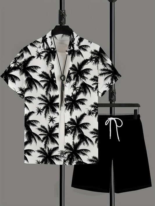 Men's Casual Summer Shirt Set, Black Palm Tree Pattern 3D Print, Loose Collar Short Sleeve Shirt and Drawstring Shorts 2pcs Set