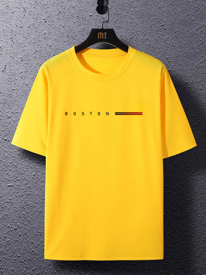 Men's Heavyweight 180gsm Cotton T-Shirt - Dark Gray Crew Neck Tee with Bold "Boston" Print, All-Season Everyday  Formal Shirt for Men - Machine Washable Luxury Casual Top, Versatile Clothing, Modern Design, Premium Fabric, S