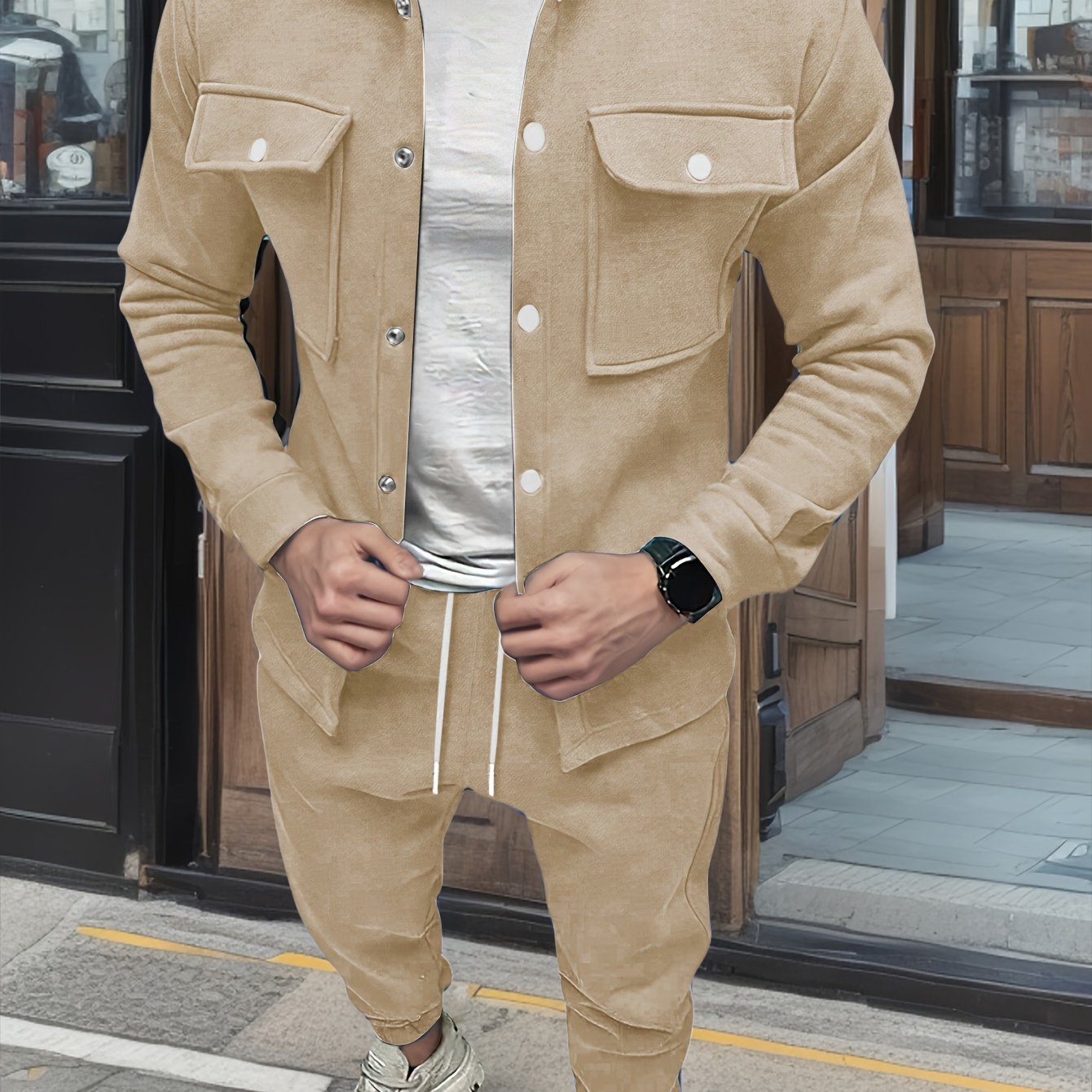 1set Men'S Casual Solid Color Polyester Outfit - Long Sleeve Button-Down Lapel Collar Jacket with Pockets and Drawstring Long Pants Set for Fall/Winter
